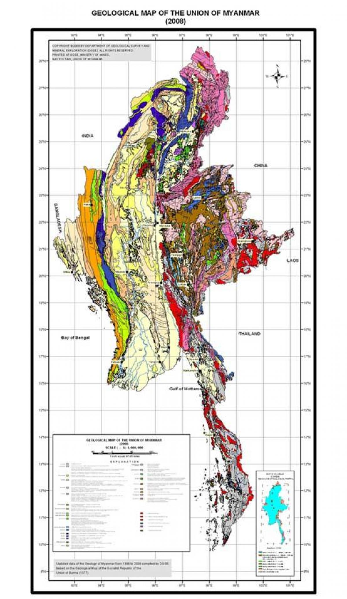 Kaart van geologiese Myanmar 2008