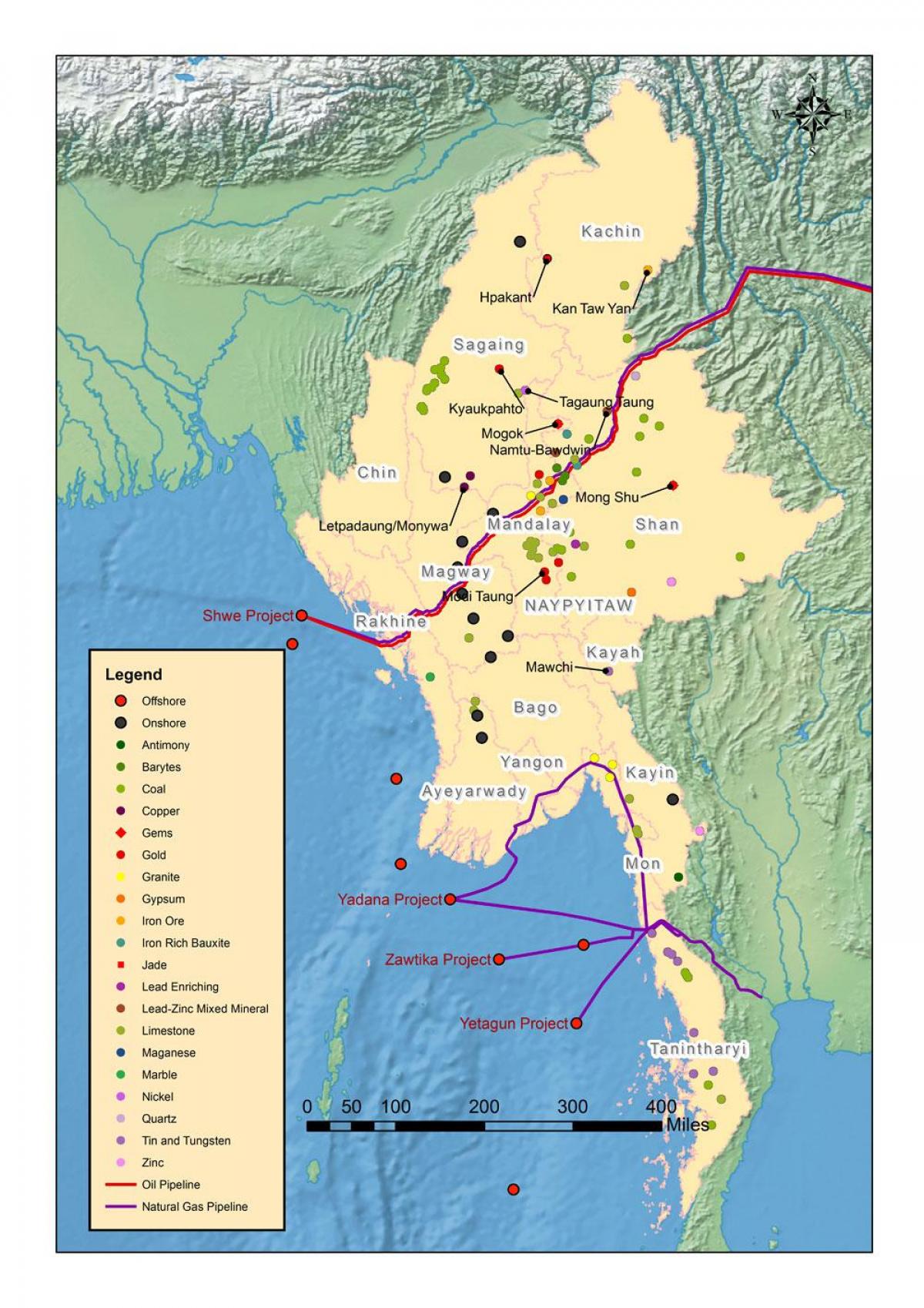 Kaart van Myanmar natuurlike hulpbronne